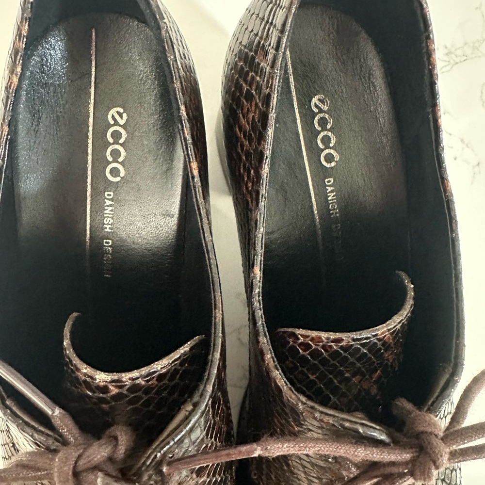 ECCO brown snakeskin finish leather point toe block heel booties shoes EU 38 New - Picture 5 of 9